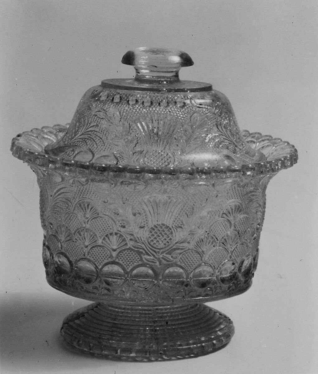Covered Sugar Bowl, Lacy pressed glass, American 