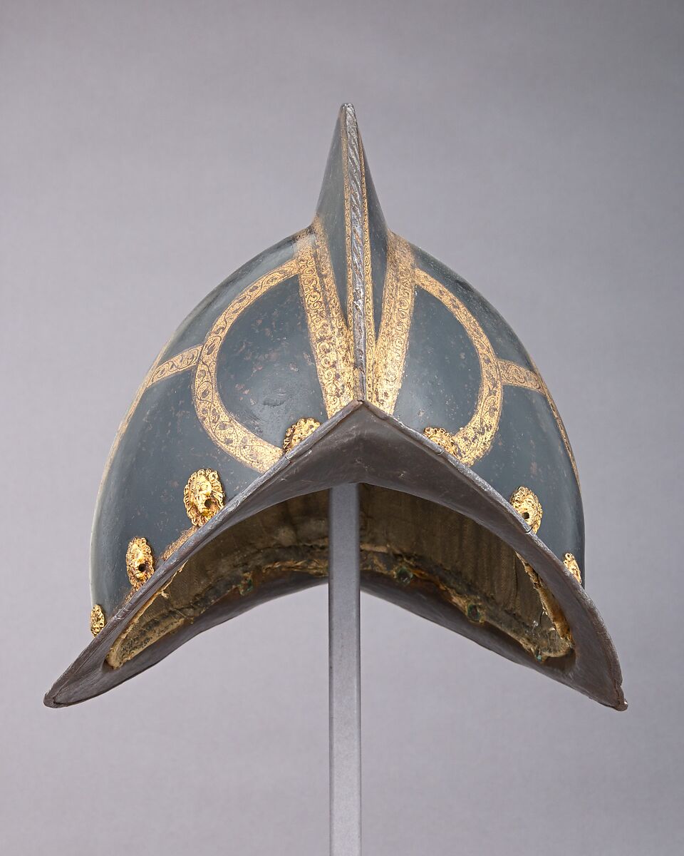 Morion for the Bodyguard of the Prince-Elector of Saxony, Steel, gold, brass, leather, textile, German, Nuremberg