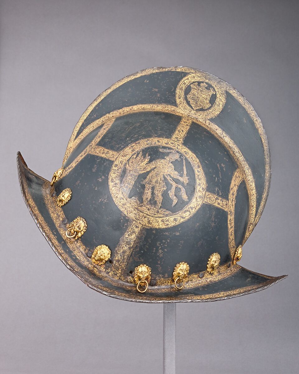 Morion for the Bodyguard of the Prince-Elector of Saxony, Steel, gold, brass, leather, textile, German, Nuremberg