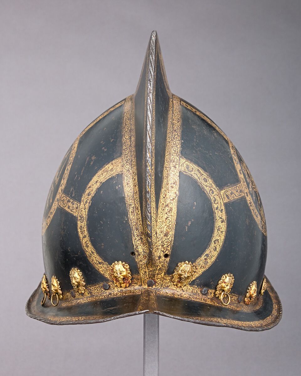 Morion for the Bodyguard of the Prince-Elector of Saxony, Steel, gold, brass, leather, textile, German, Nuremberg
