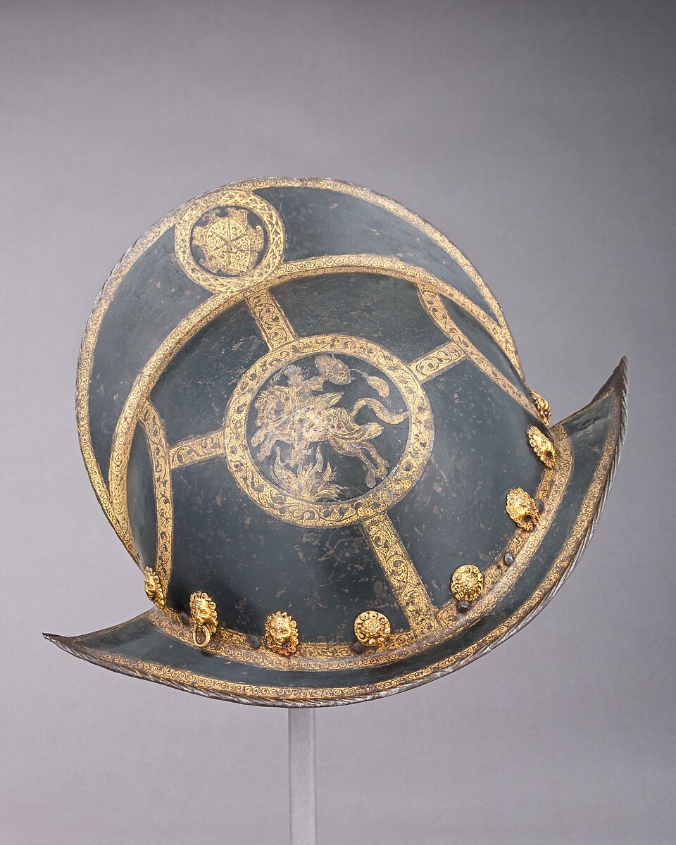 Morion for the Bodyguard of the Prince-Elector of Saxony, Steel, gold, brass, leather, textile, German, Nuremberg