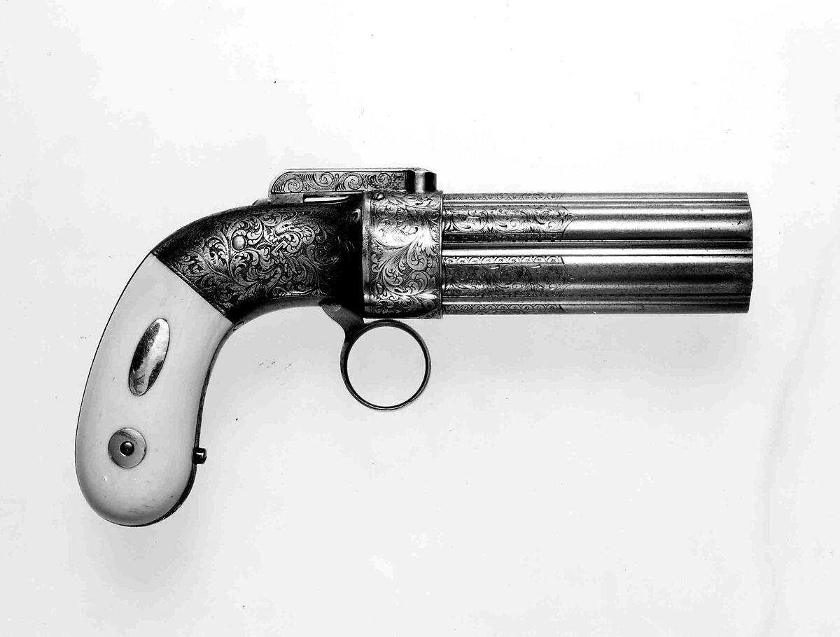 Cased Six-Barreled Revolving Percussion Pistol ("Pepperbox"), Ethan Allen (American, 1808–1871), Steel, gold, silver, ivory, wood (rosewood), velvet, American, Norwich, Connecticut