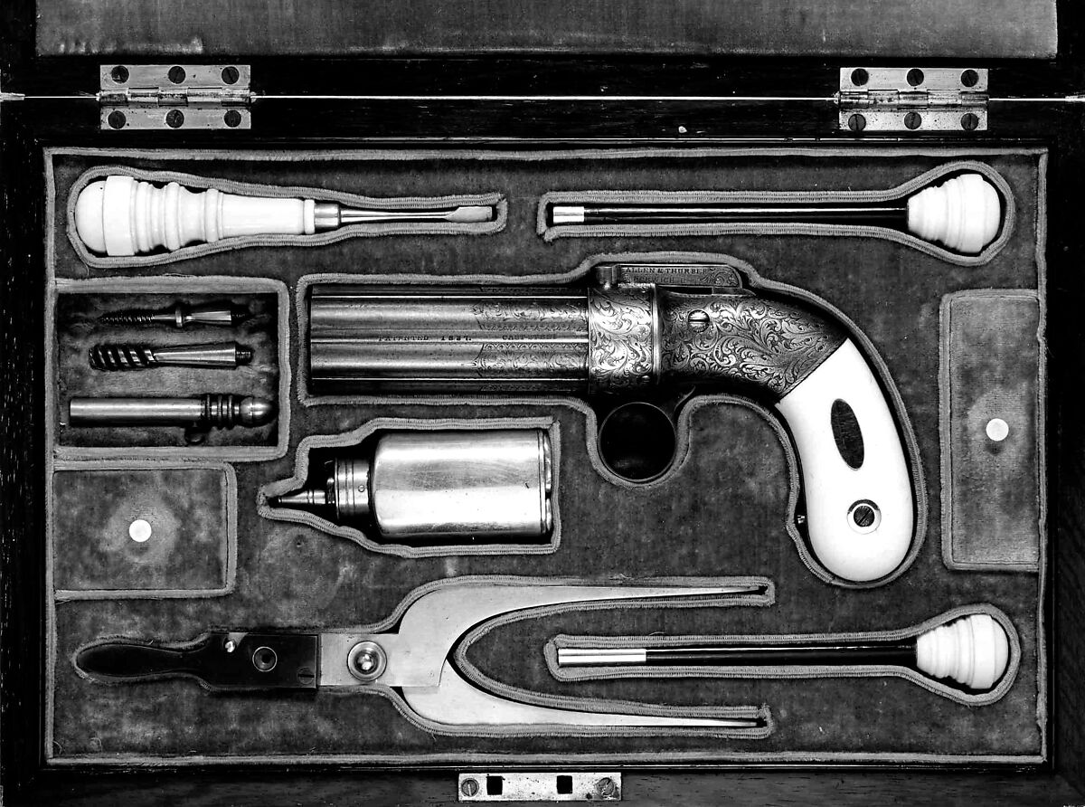 Cased Six-Barreled Revolving Percussion Pistol ("Pepperbox"), Ethan Allen (American, 1808–1871), Steel, gold, silver, ivory, wood (rosewood), velvet, American, Norwich, Connecticut