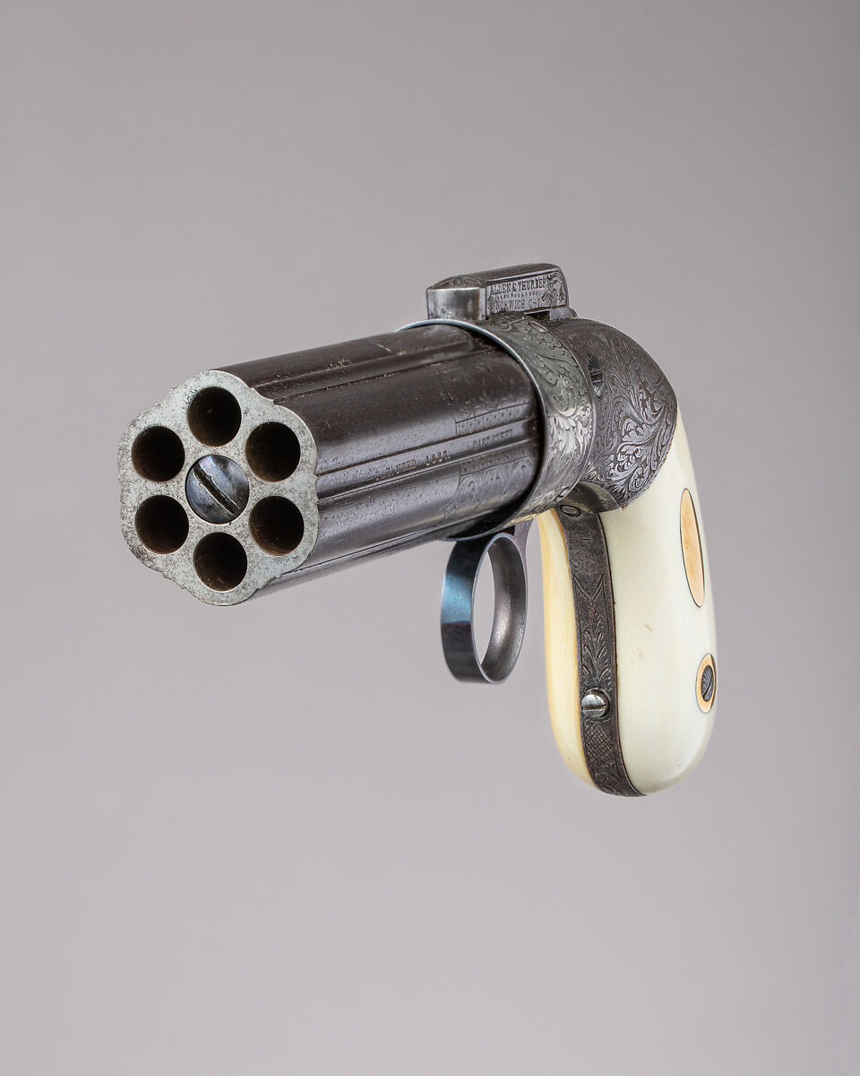 Cased Six-Barreled Revolving Percussion Pistol ("Pepperbox"), Ethan Allen (American, 1808–1871), Steel, gold, silver, ivory, wood (rosewood), velvet, American, Norwich, Connecticut
