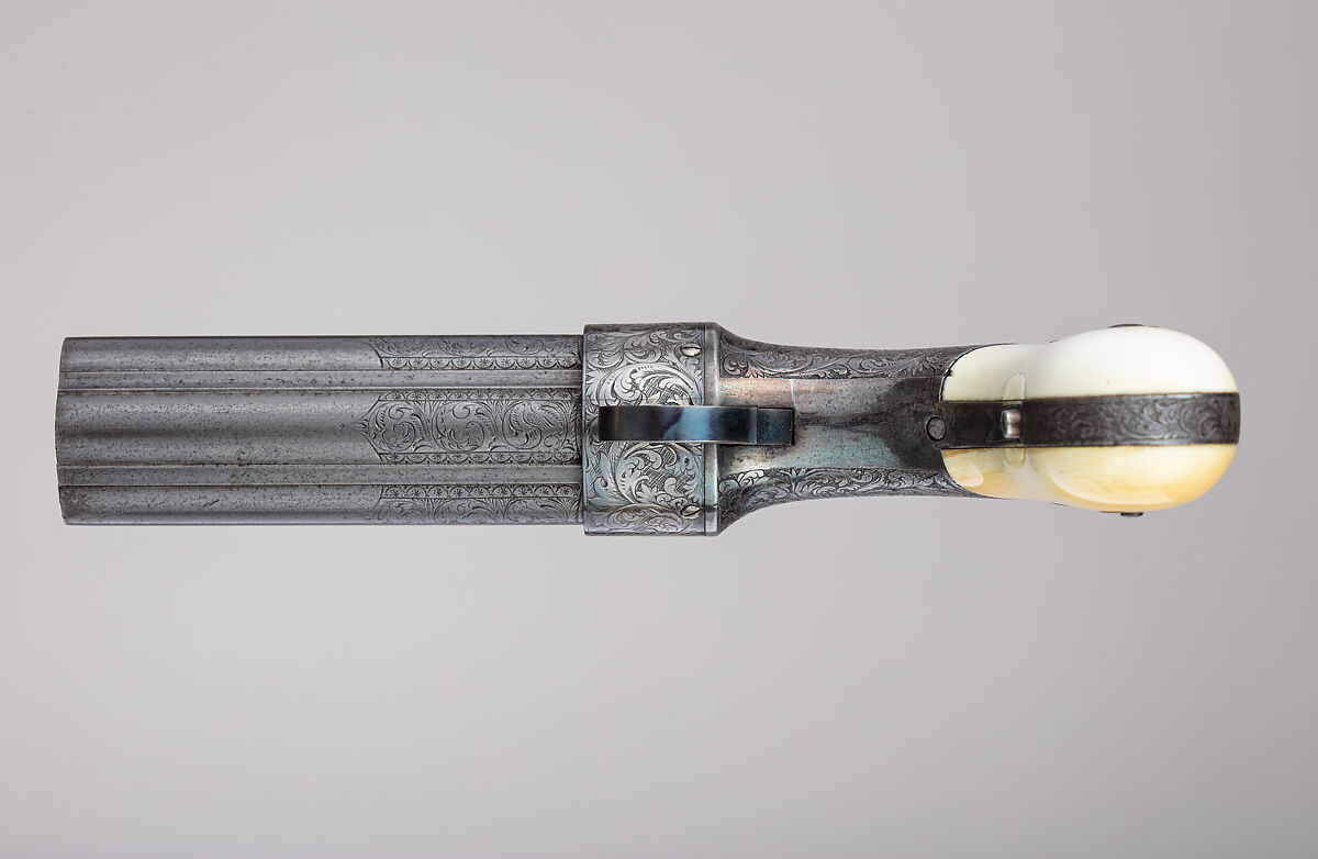 Cased Six-Barreled Revolving Percussion Pistol ("Pepperbox"), Ethan Allen (American, 1808–1871), Steel, gold, silver, ivory, wood (rosewood), velvet, American, Norwich, Connecticut