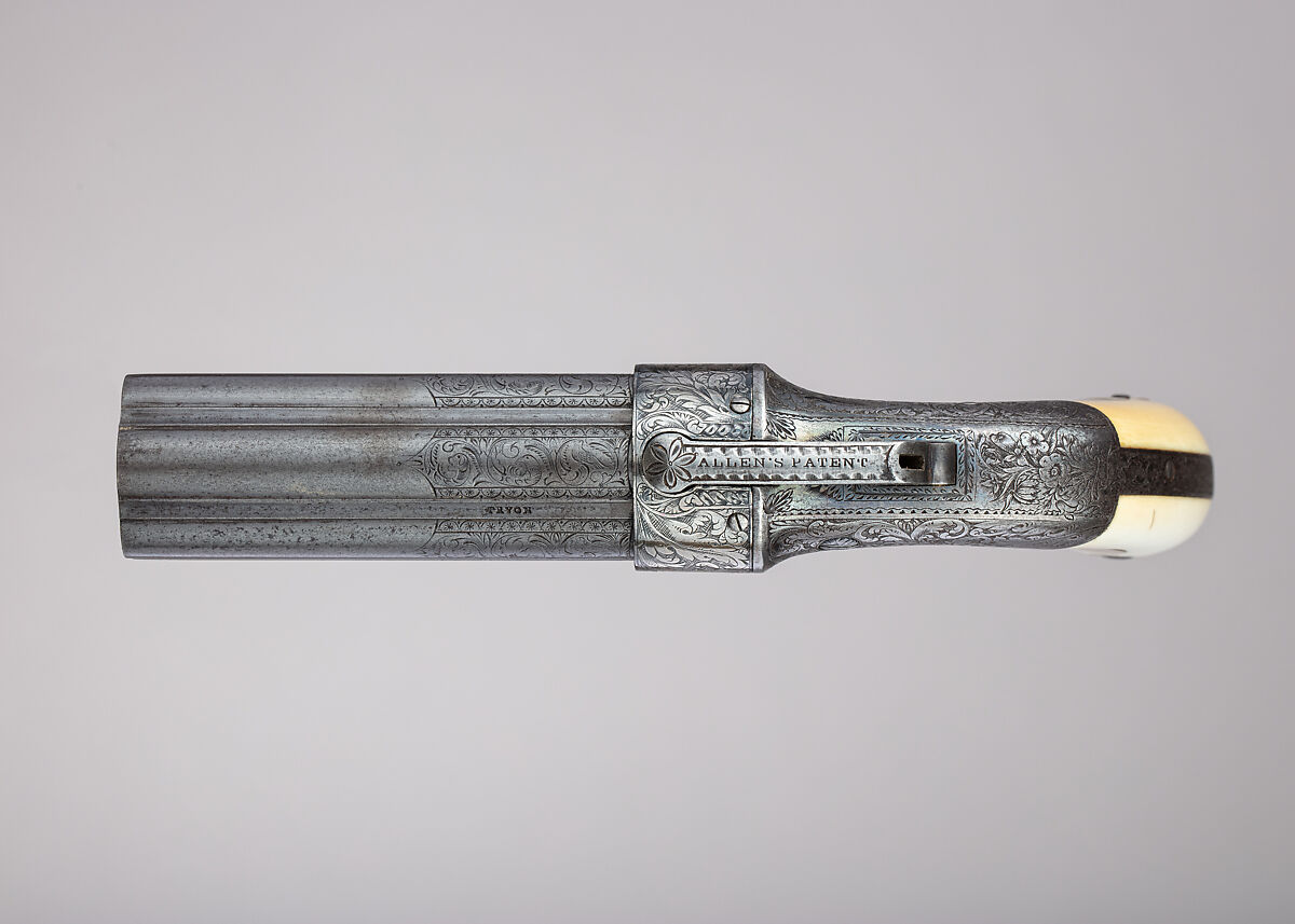 Cased Six-Barreled Revolving Percussion Pistol ("Pepperbox"), Ethan Allen (American, 1808–1871), Steel, gold, silver, ivory, wood (rosewood), velvet, American, Norwich, Connecticut