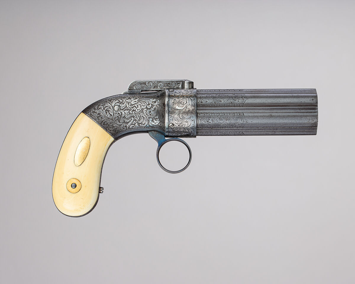 Cased Six-Barreled Revolving Percussion Pistol ("Pepperbox"), Ethan Allen (American, 1808–1871), Steel, gold, silver, ivory, wood (rosewood), velvet, American, Norwich, Connecticut