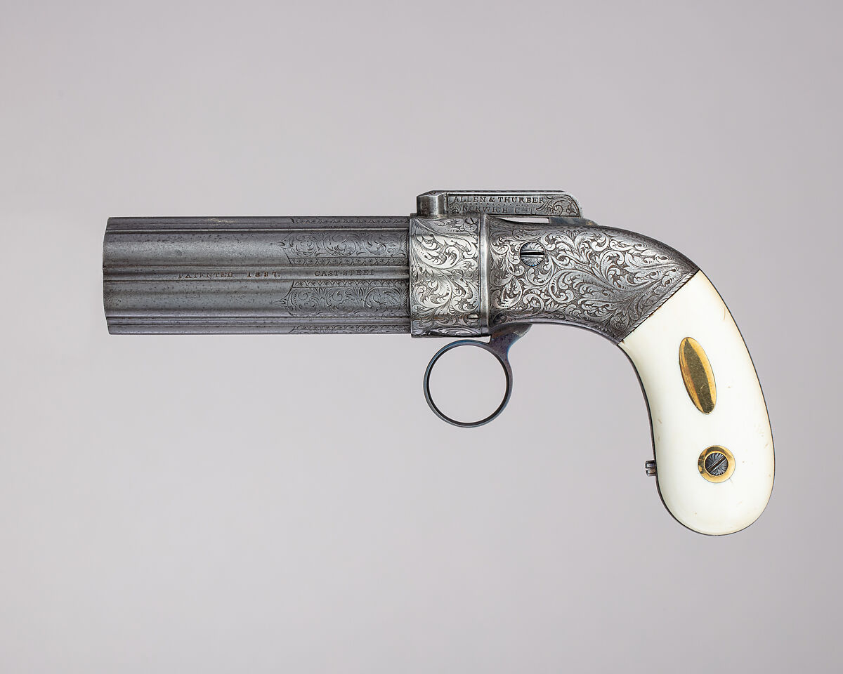 Cased Six-Barreled Revolving Percussion Pistol ("Pepperbox"), Ethan Allen (American, 1808–1871), Steel, gold, silver, ivory, wood (rosewood), velvet, American, Norwich, Connecticut