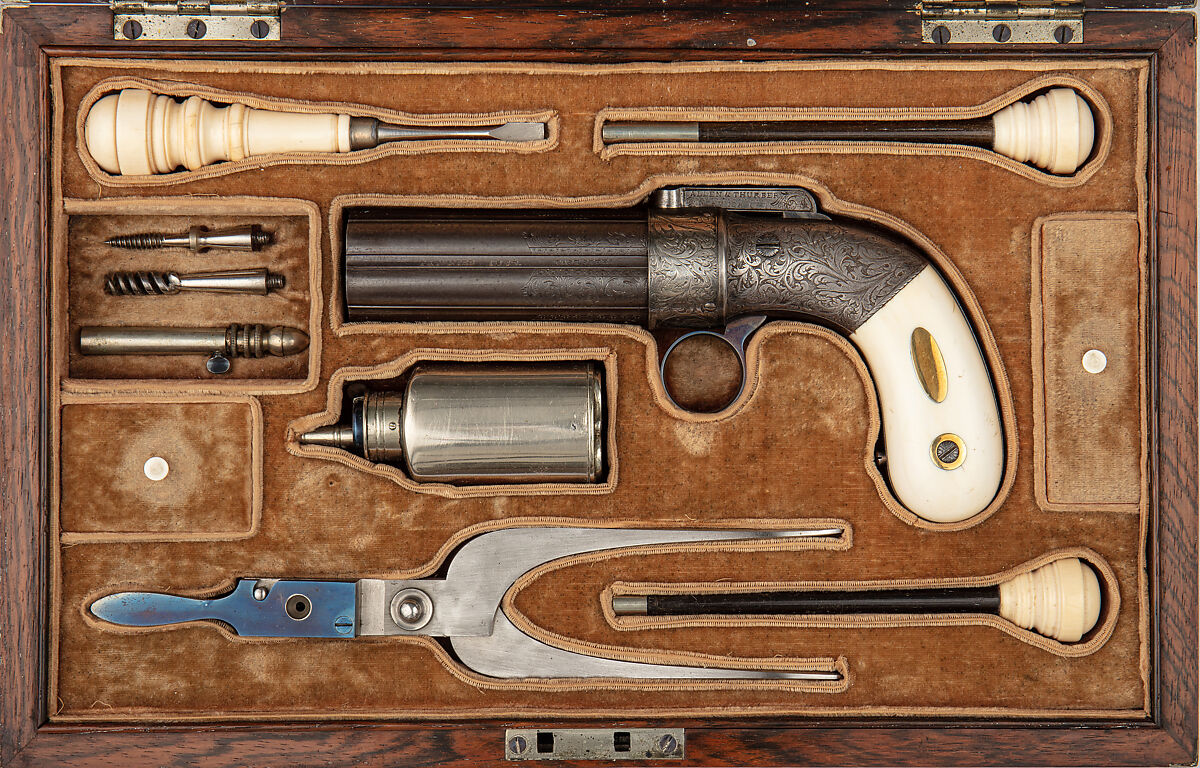 Cased Six-Barreled Revolving Percussion Pistol ("Pepperbox"), Ethan Allen (American, 1808–1871), Steel, gold, silver, ivory, wood (rosewood), velvet, American, Norwich, Connecticut 