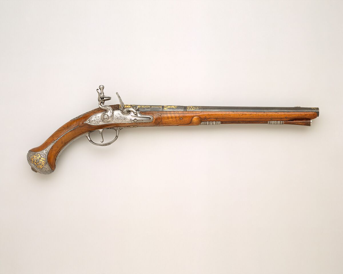 Flintlock Pistol Made for Charles XI of Sweden (1655–1697), Bertrand Piraube (French, Paris, recorded ca. 1663–1725), Steel, gold, wood (walnut), French, Paris 