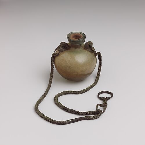 Glass aryballus (oil bottle) with bronze suspension chain