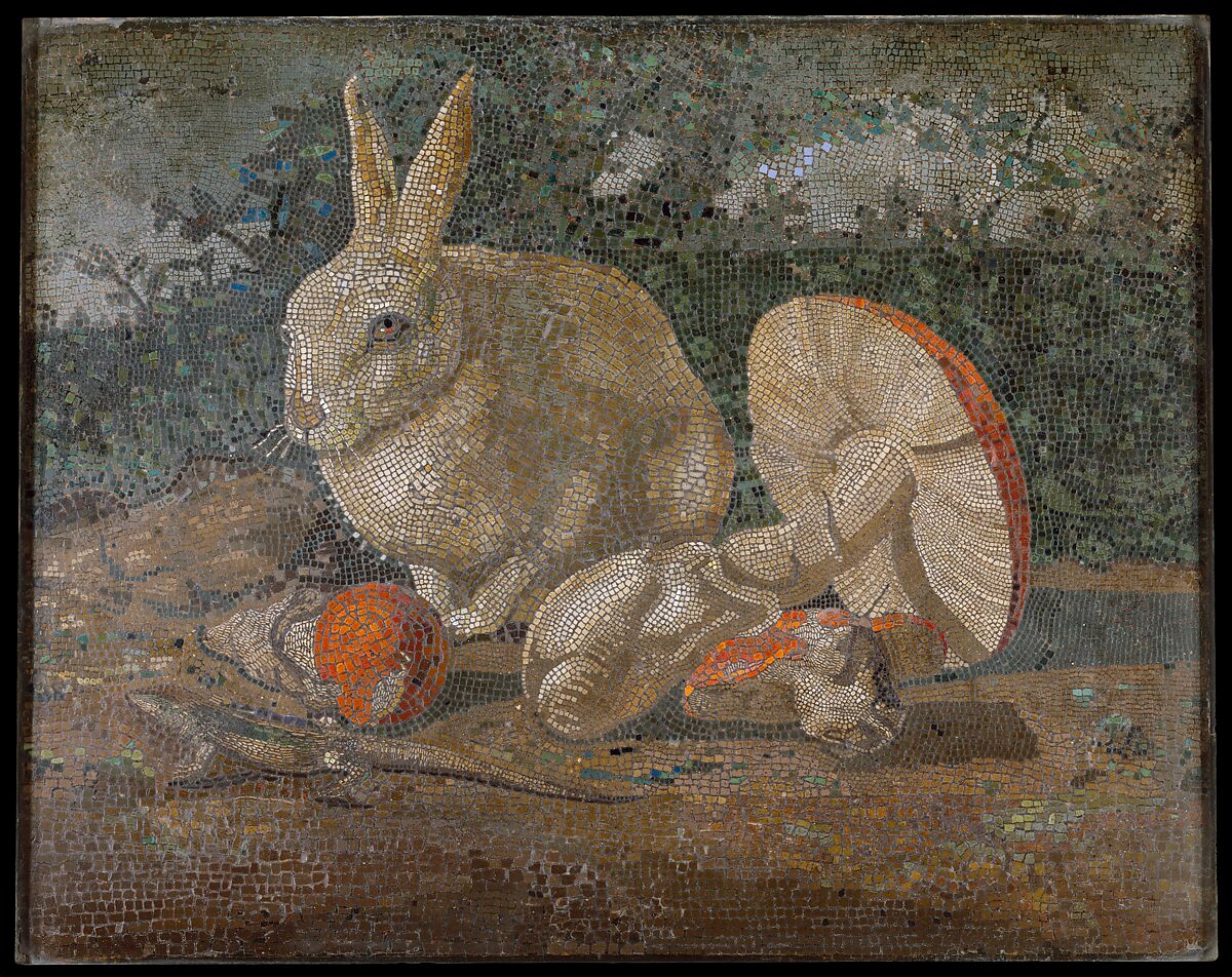Tile mosaic with rabbit, lizard and mushroom, Tile 