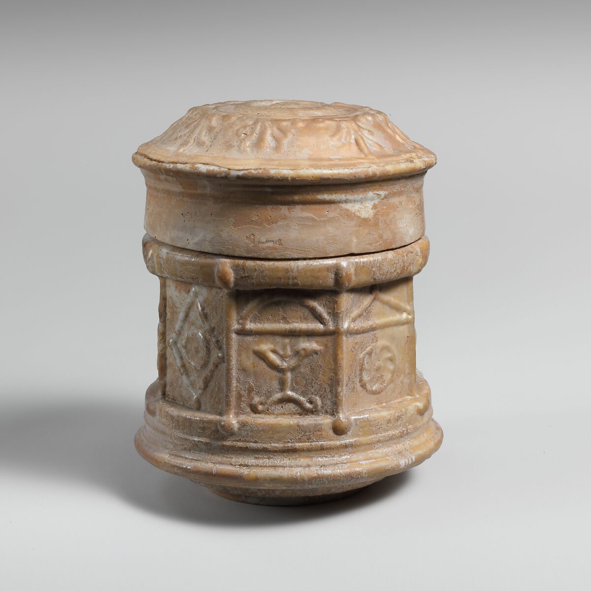 Glass pyxis with lid, Glass, Roman