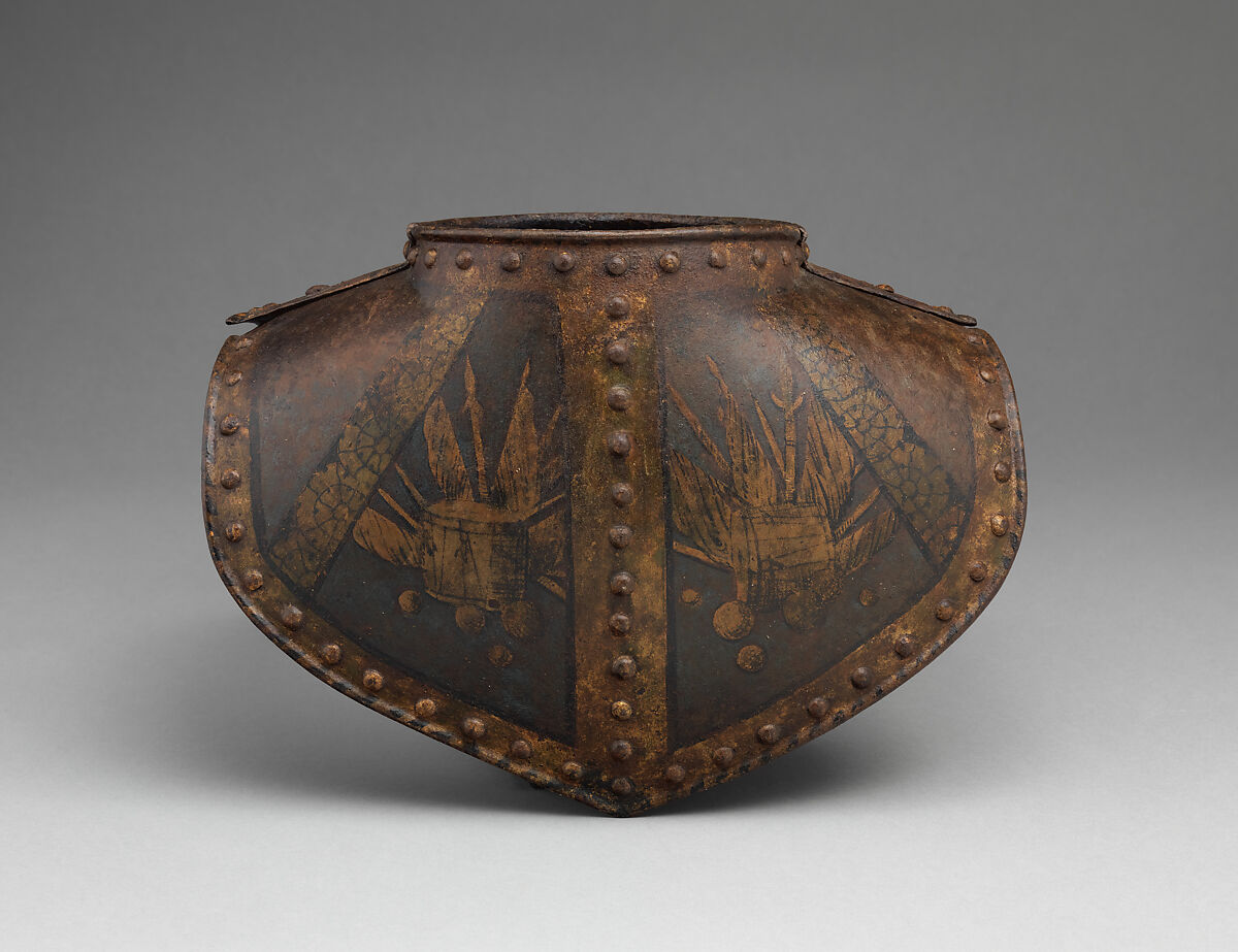 Painted Gorget, Steel, textile (silk), polychromy, gold, copper alloy, Western Europe, probably British or Dutch