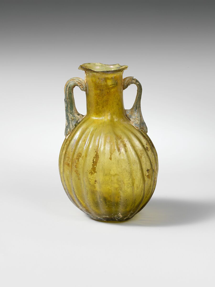 Glass amphoriskos with vertical ribs, Glass, Roman 