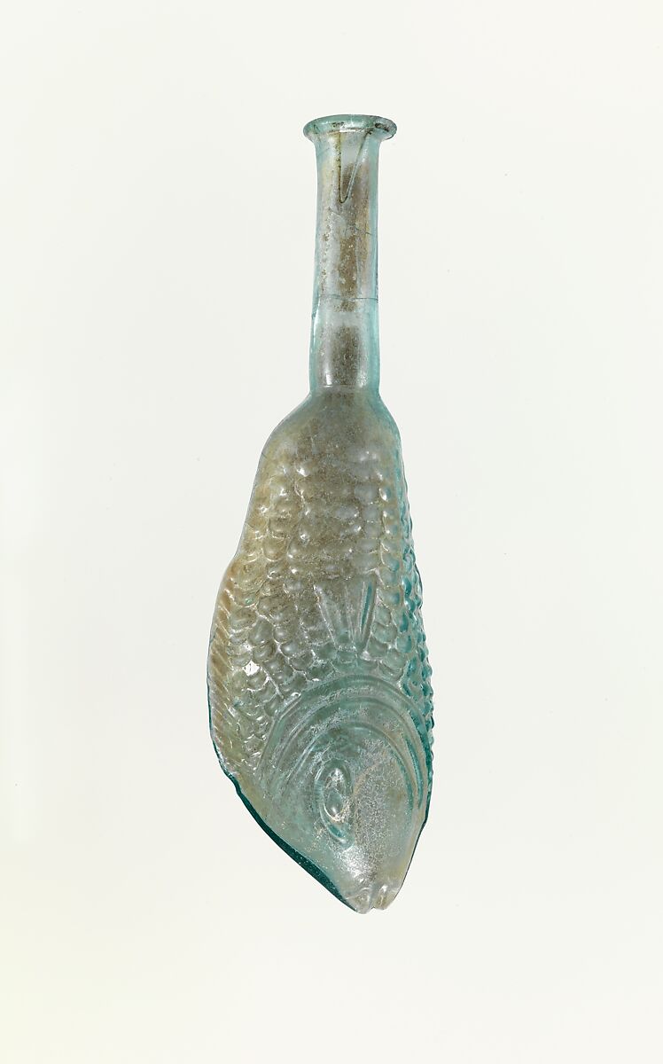 Glass bottle in the shape of a fish, Glass, Roman 