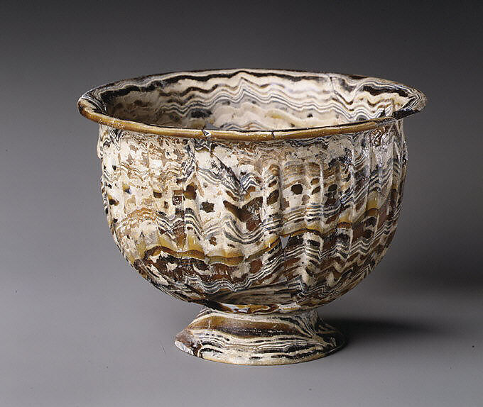 Ribbed mosaic glass bowl with base ring, Glass, Roman, probably Italian 