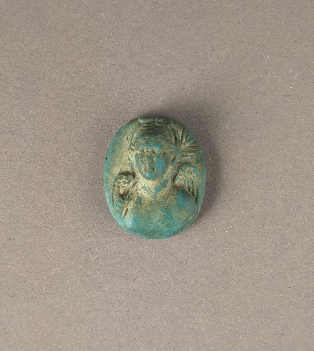 Glass medallion with winged Victory, Glass, turquoise blue, Roman 