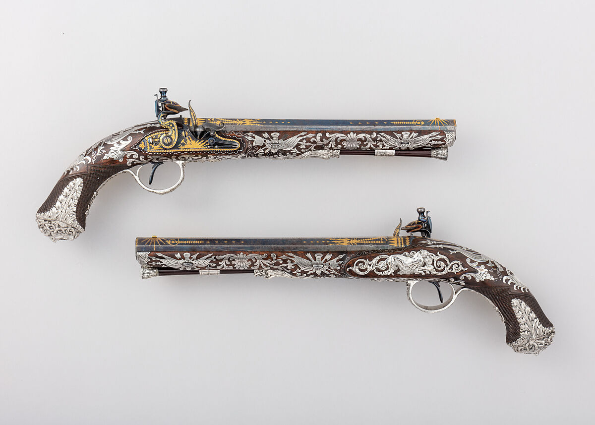 Pair of Flintlock Pistols, Samuel Brunn (English, London, recorded 1795–1820), Steel, wood (walnut, rosewood), silver, gold, British, London 