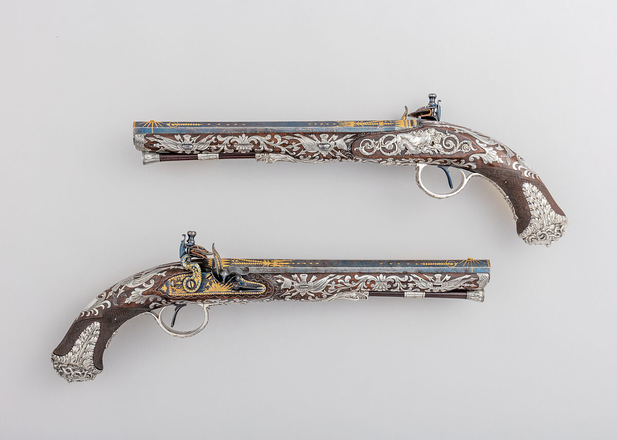 Pair of Flintlock Pistols, Samuel Brunn (British, London, recorded 1795–1820), Steel, wood (walnut, rosewood), silver, gold, British, London