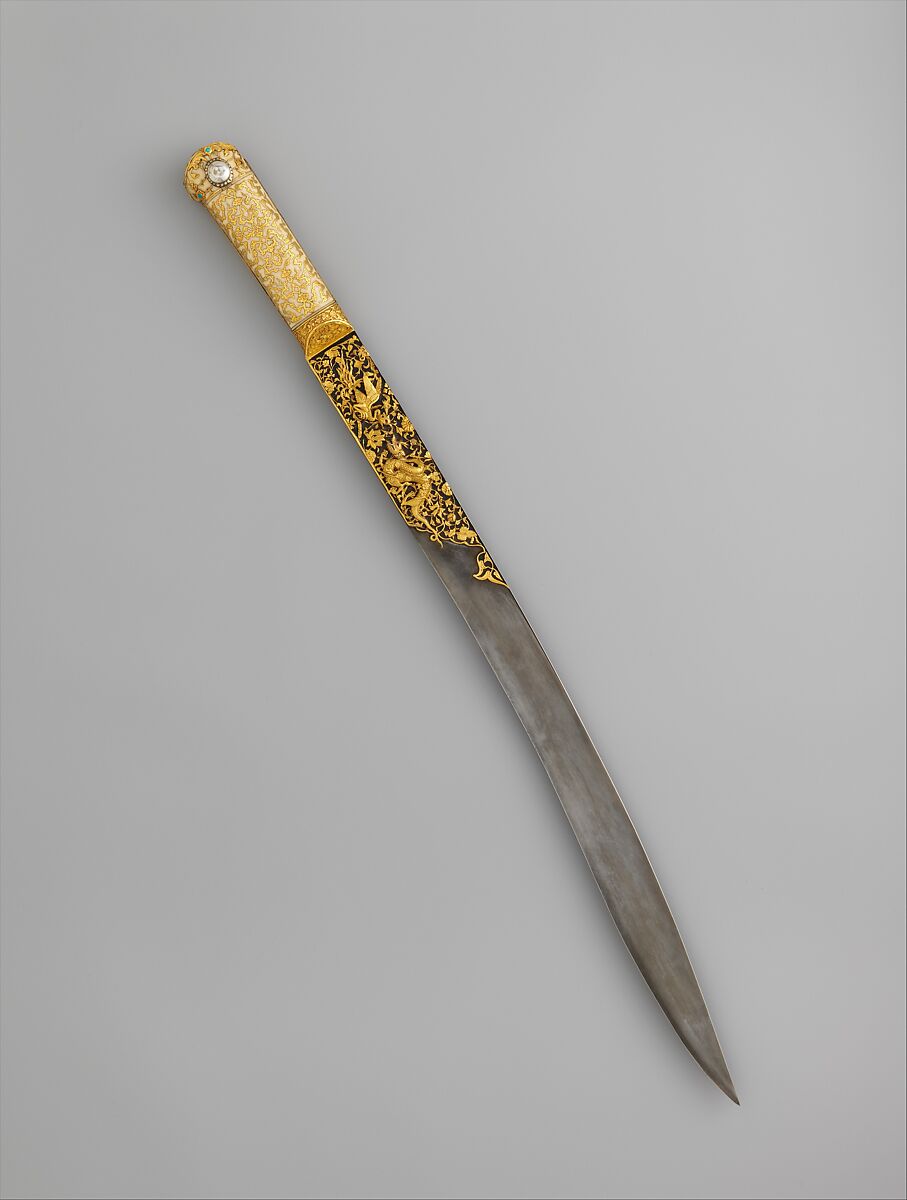Short Sword (Yatagan) from the Court of Süleyman the Magnificent (reigned 1520–66), Workshop of Ahmed Tekelü (possibly Iranian, active Istanbul, ca. 1520–30), Steel, gold, ivory (walrus), silver, turquoise, pearls, rubies, Turkish, Istanbul