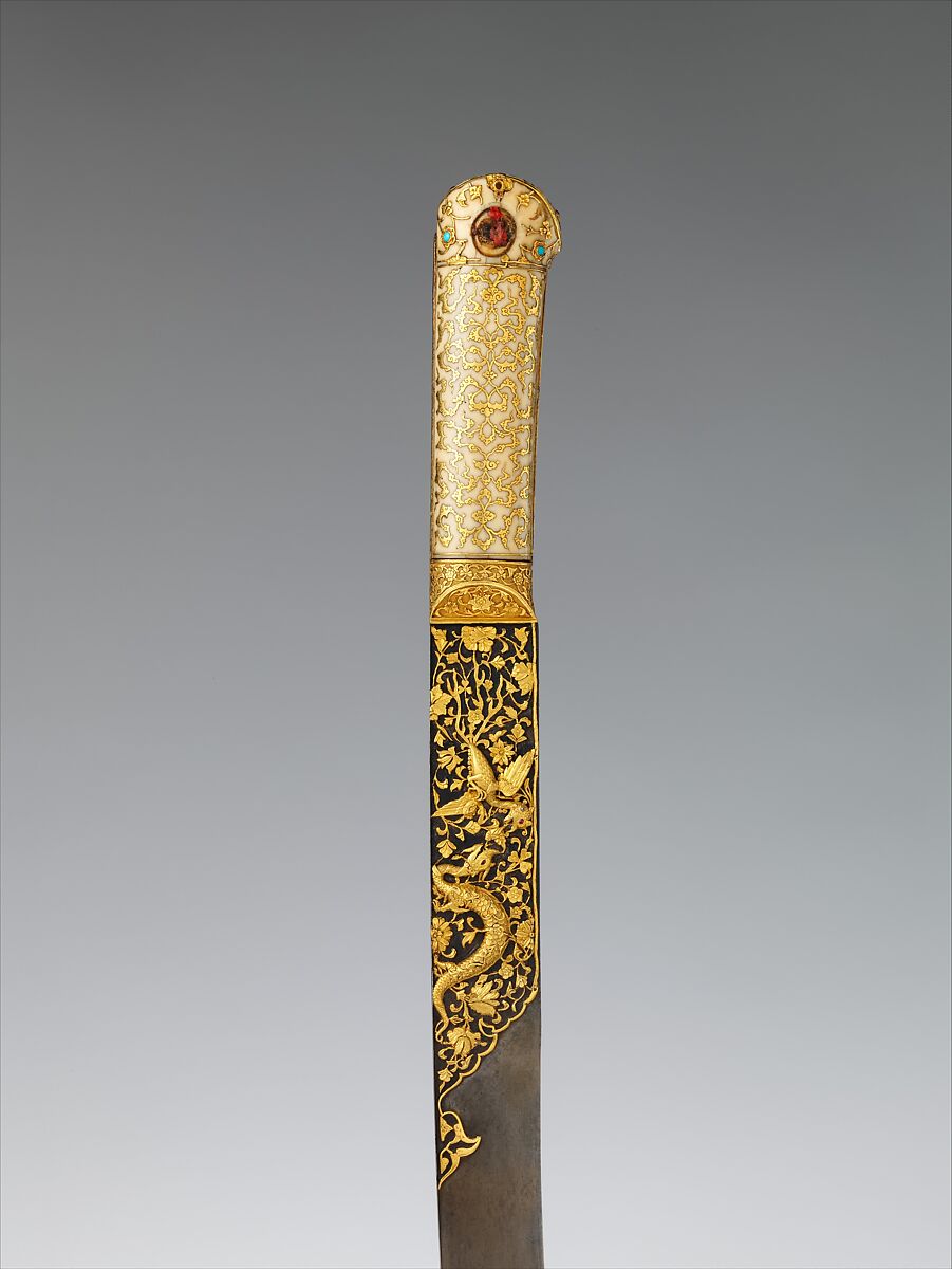 Short Sword (Yatagan) from the Court of Süleyman the Magnificent (reigned 1520–66), Workshop of Ahmed Tekelü (possibly Iranian, active Istanbul, ca. 1520–30), Steel, gold, ivory (walrus), silver, turquoise, pearls, rubies, Turkish, Istanbul