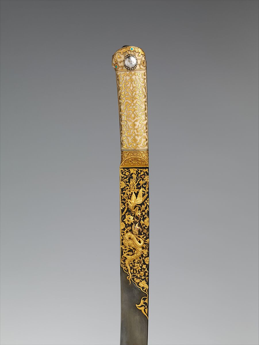 Short Sword (Yatagan) from the Court of Süleyman the Magnificent (reigned 1520–66), Workshop of Ahmed Tekelü (possibly Iranian, active Istanbul, ca. 1520–30), Steel, gold, ivory (walrus), silver, turquoise, pearls, rubies, Turkish, Istanbul