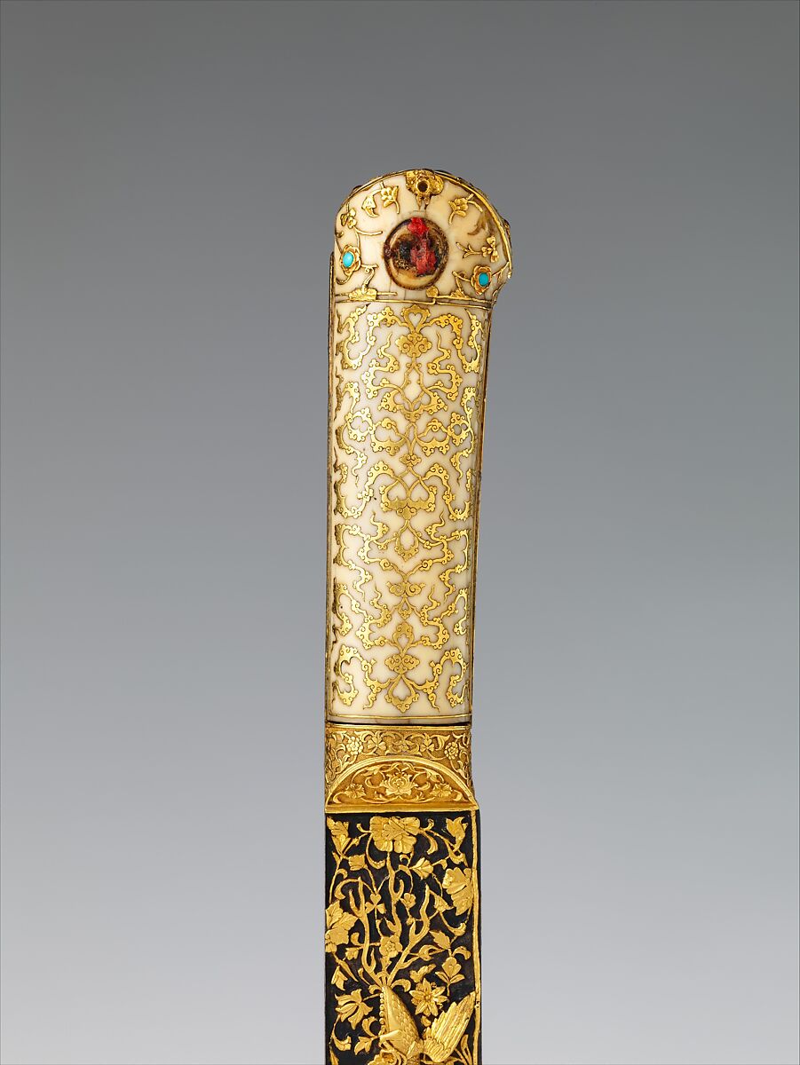 Short Sword (Yatagan) from the Court of Süleyman the Magnificent (reigned 1520–66), Workshop of Ahmed Tekelü (possibly Iranian, active Istanbul, ca. 1520–30), Steel, gold, ivory (walrus), silver, turquoise, pearls, rubies, Turkish, Istanbul