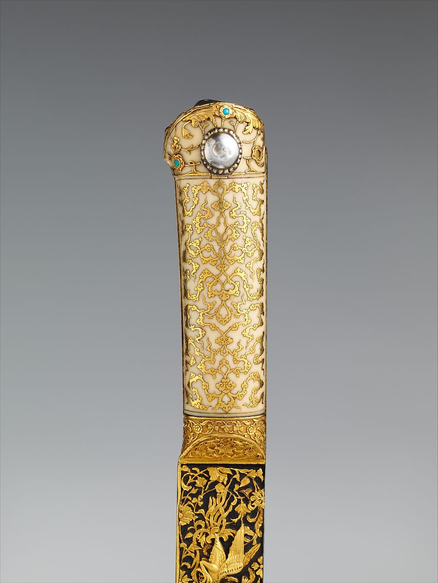 Short Sword (Yatagan) from the Court of Süleyman the Magnificent (reigned 1520–66), Workshop of Ahmed Tekelü (possibly Iranian, active Istanbul, ca. 1520–30), Steel, gold, ivory (walrus), silver, turquoise, pearls, rubies, Turkish, Istanbul