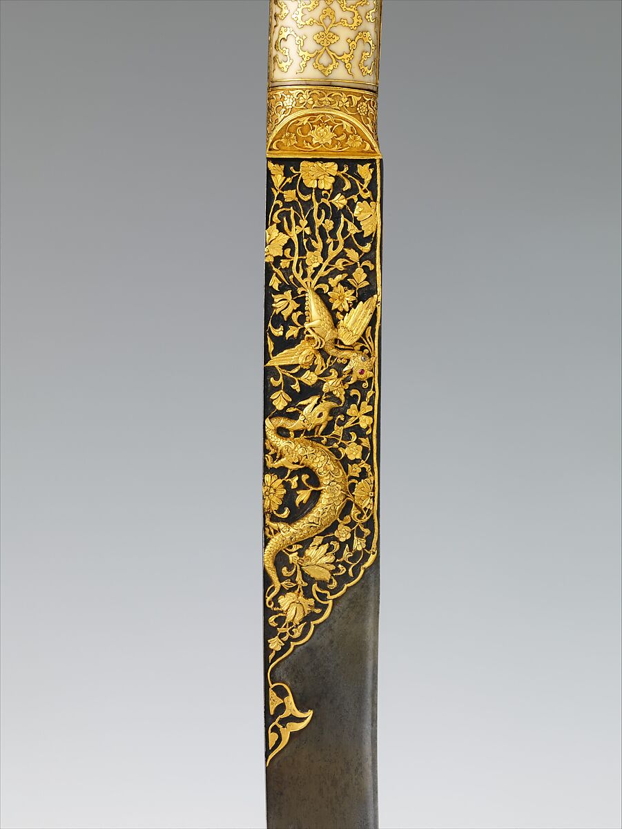 Short Sword (Yatagan) from the Court of Süleyman the Magnificent (reigned 1520–66), Workshop of Ahmed Tekelü (possibly Iranian, active Istanbul, ca. 1520–30), Steel, gold, ivory (walrus), silver, turquoise, pearls, rubies, Turkish, Istanbul