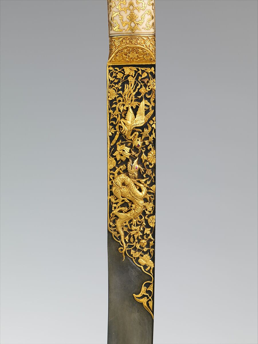 Short Sword (Yatagan) from the Court of Süleyman the Magnificent (reigned 1520–66), Workshop of Ahmed Tekelü (possibly Iranian, active Istanbul, ca. 1520–30), Steel, gold, ivory (walrus), silver, turquoise, pearls, rubies, Turkish, Istanbul