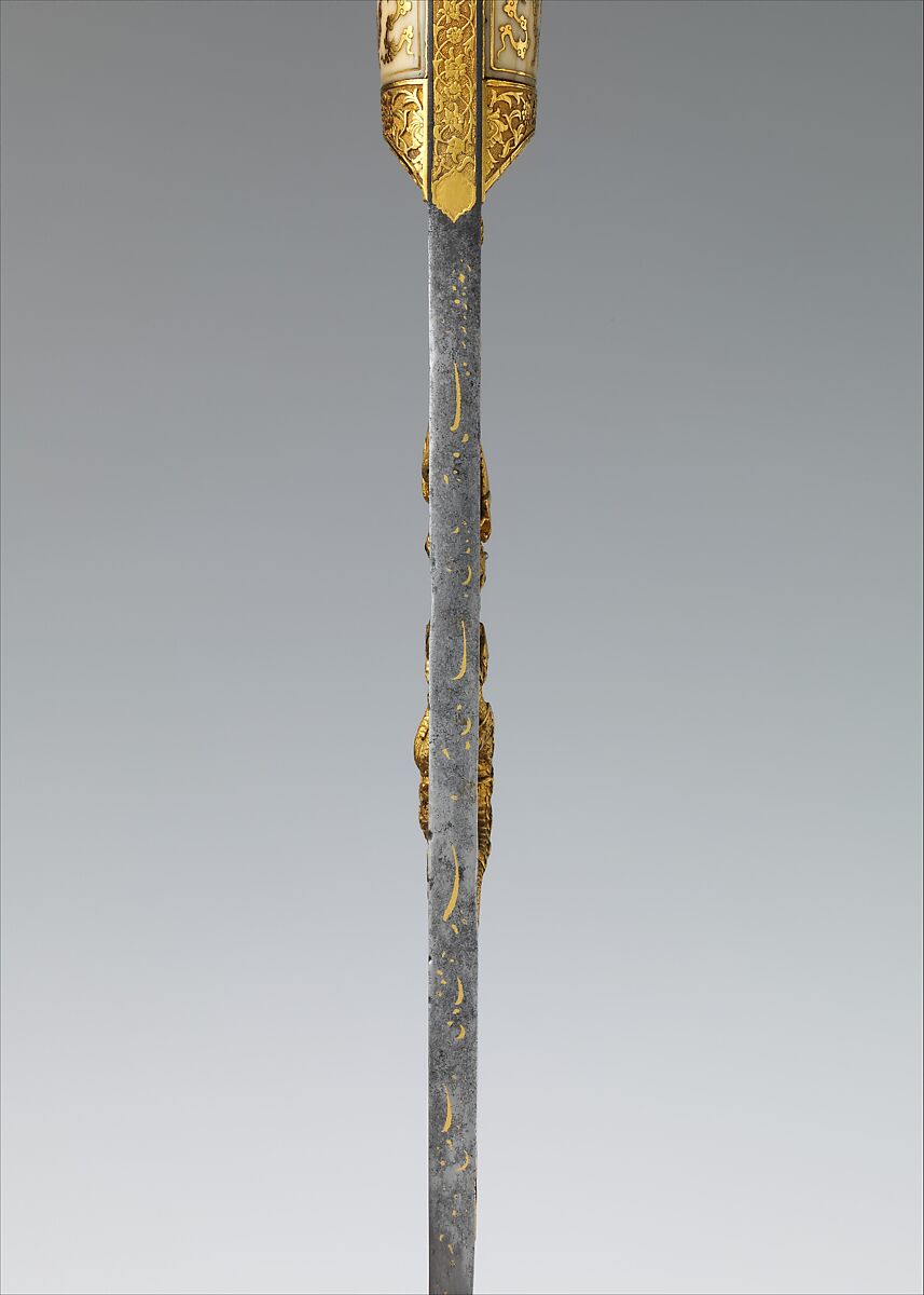 Short Sword (Yatagan) from the Court of Süleyman the Magnificent (reigned 1520–66), Workshop of Ahmed Tekelü (possibly Iranian, active Istanbul, ca. 1520–30), Steel, gold, ivory (walrus), silver, turquoise, pearls, rubies, Turkish, Istanbul