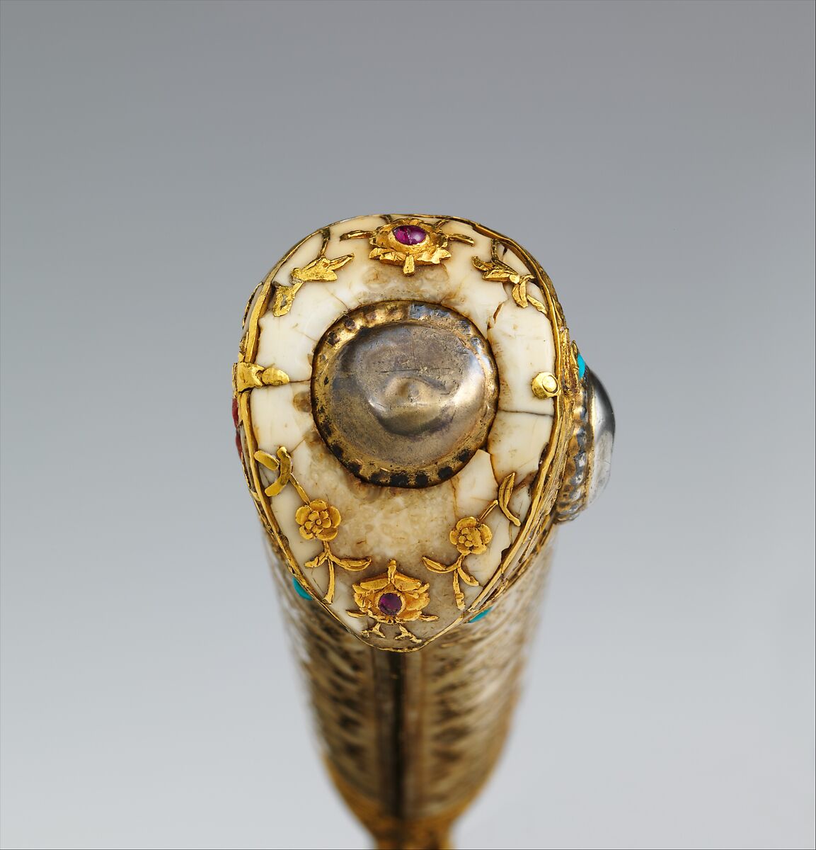 Short Sword (Yatagan) from the Court of Süleyman the Magnificent (reigned 1520–66), Workshop of Ahmed Tekelü (possibly Iranian, active Istanbul, ca. 1520–30), Steel, gold, ivory (walrus), silver, turquoise, pearls, rubies, Turkish, Istanbul