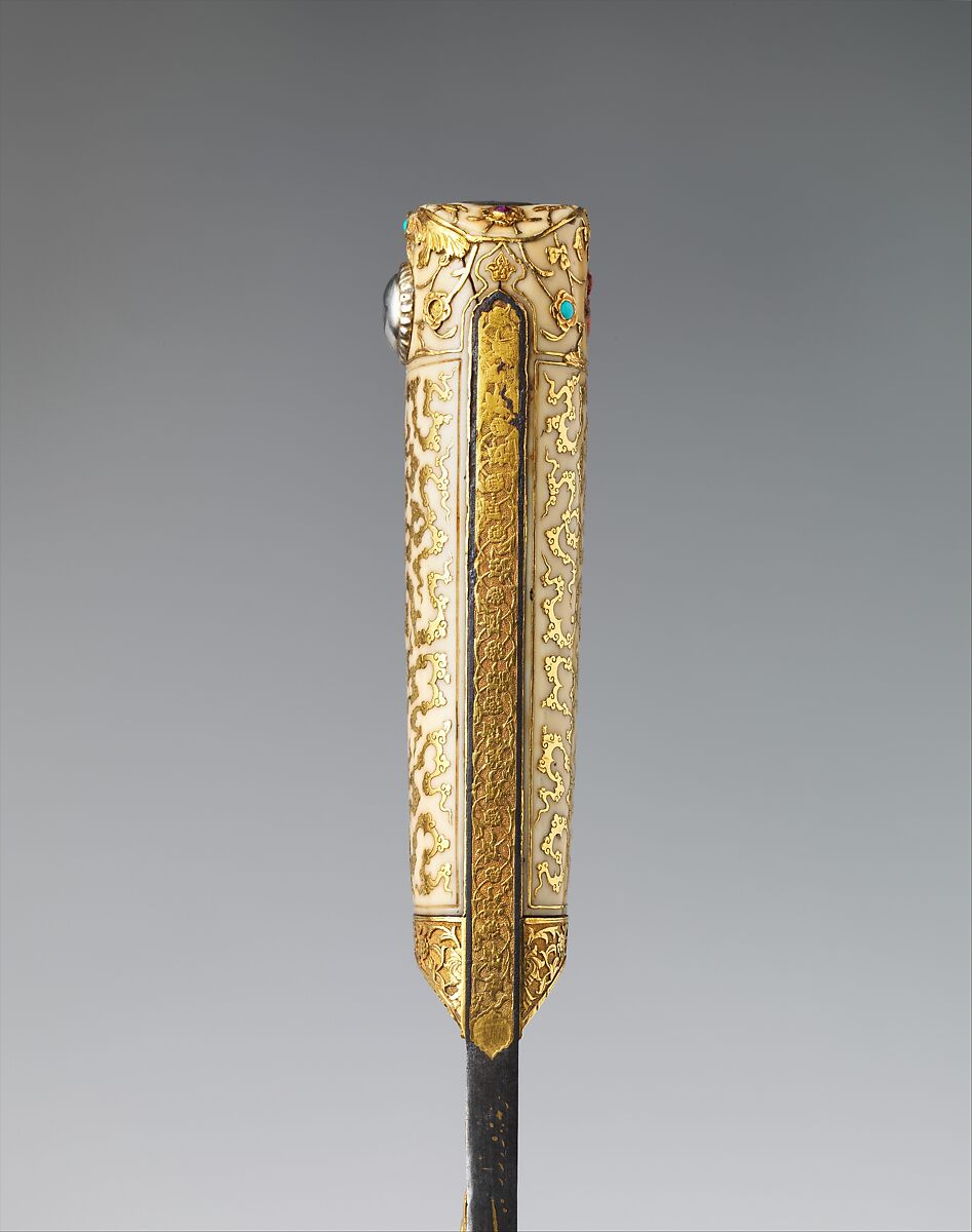 Short Sword (Yatagan) from the Court of Süleyman the Magnificent (reigned 1520–66), Workshop of Ahmed Tekelü (possibly Iranian, active Istanbul, ca. 1520–30), Steel, gold, ivory (walrus), silver, turquoise, pearls, rubies, Turkish, Istanbul