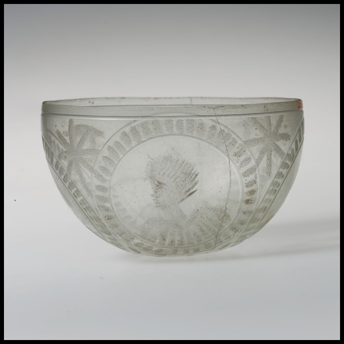 Glass bowl decorated with four busts in roundels, Glass, Roman 