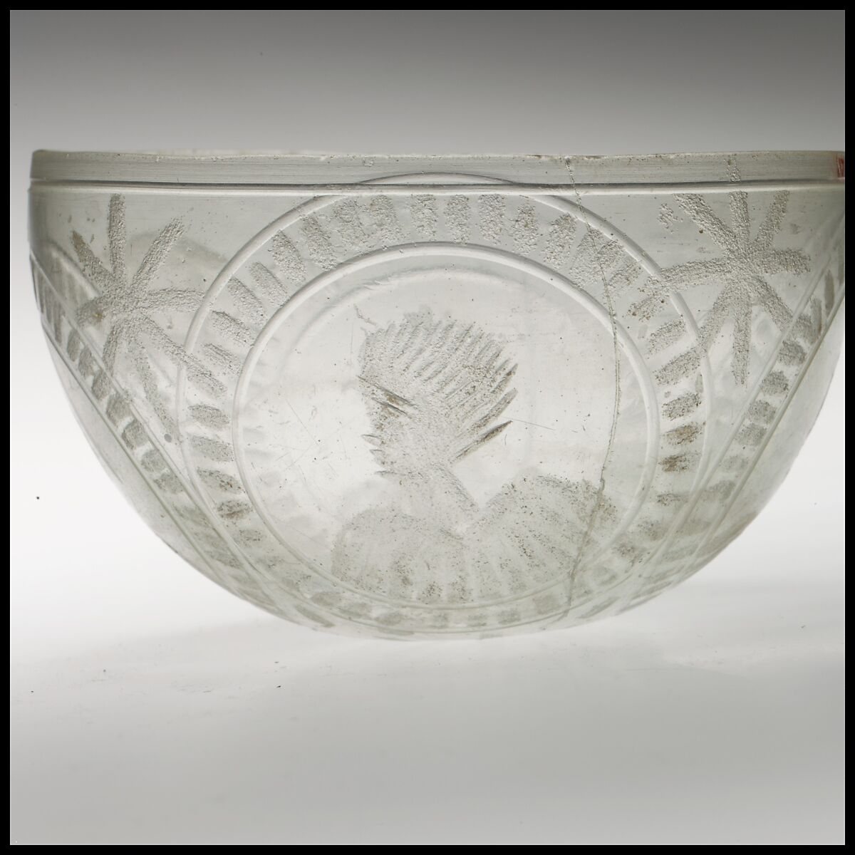 Glass bowl decorated with four busts in roundels, Glass, Roman