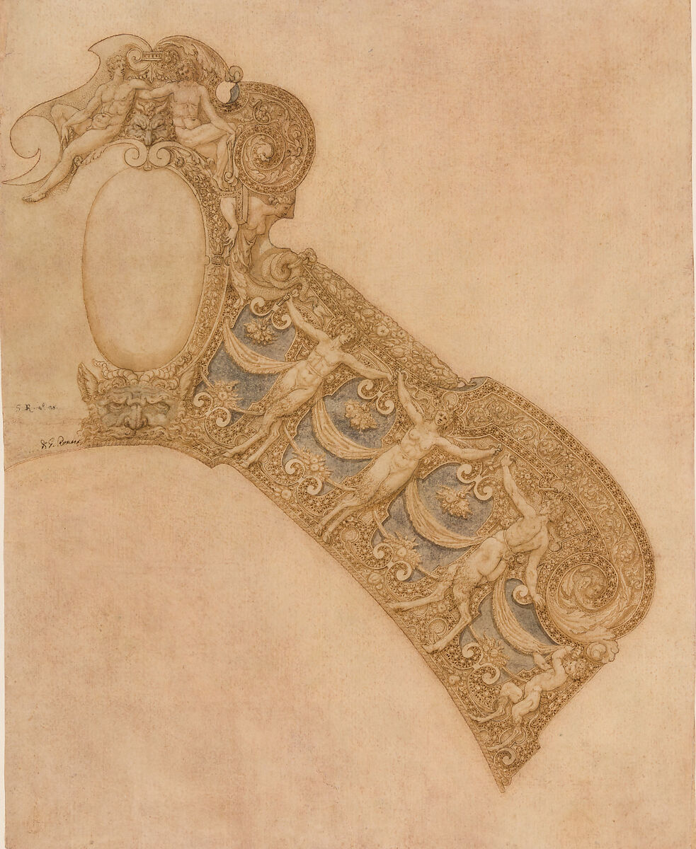 Design for the Pommel Plate of a Saddle from a Garniture of Alessandro Farnese (1545–1592), Andrea Casalini  Italian, Pen and brown ink, with color washes, on paper, Italian, Parma