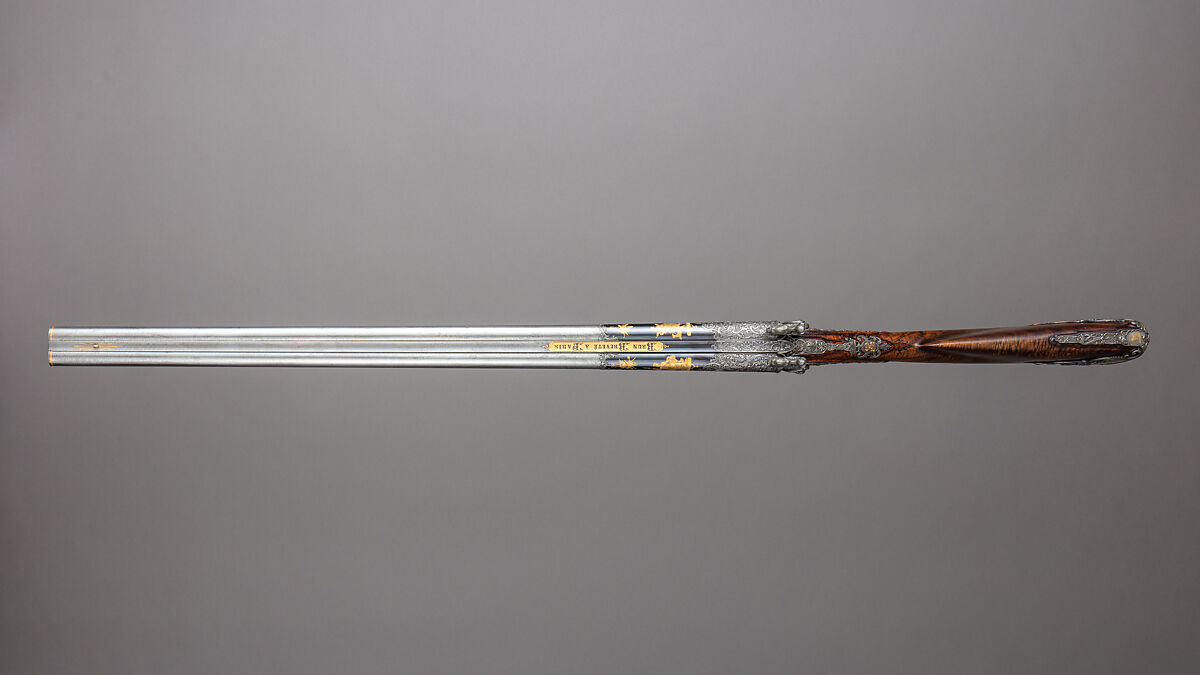 Double-Barrel Breech-Loading Pinfire Shotgun, J. C. A. Brun (French, Paris, active 1849–72), Steel, wood (walnut), gold, French, Paris