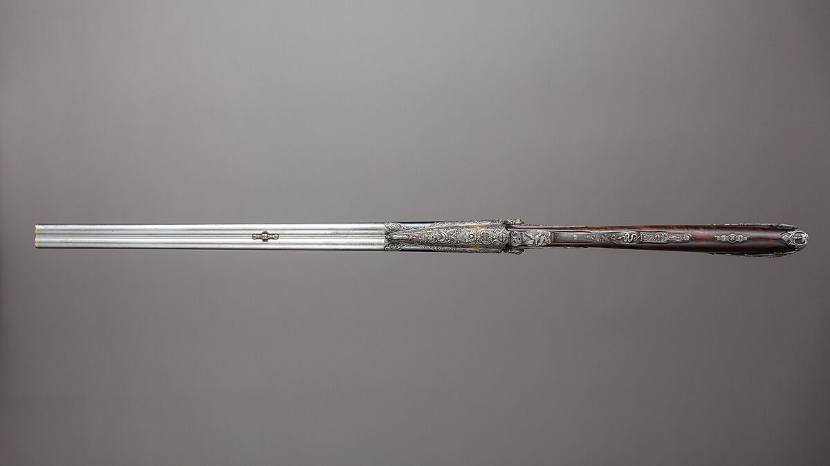 Double-Barrel Breech-Loading Pinfire Shotgun, J. C. A. Brun (French, Paris, active 1849–72), Steel, wood (walnut), gold, French, Paris