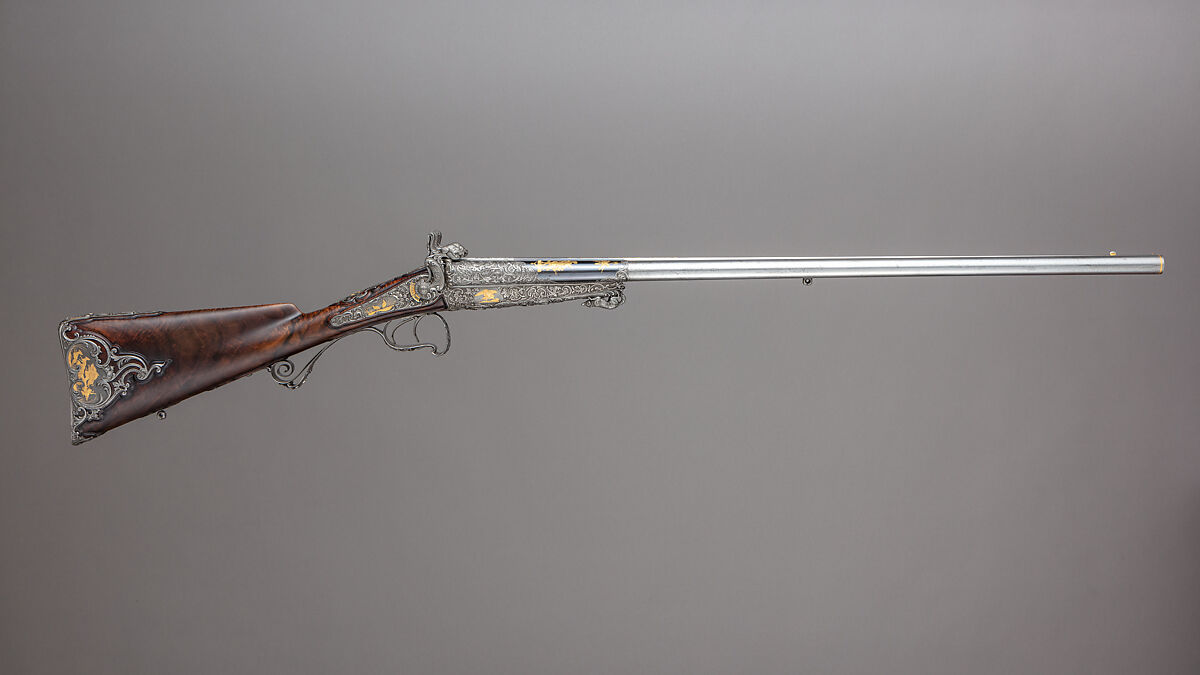 Double-Barrel Breech-Loading Pinfire Shotgun, J. C. A. Brun (French, Paris, active 1849–72), Steel, wood (walnut), gold, French, Paris
