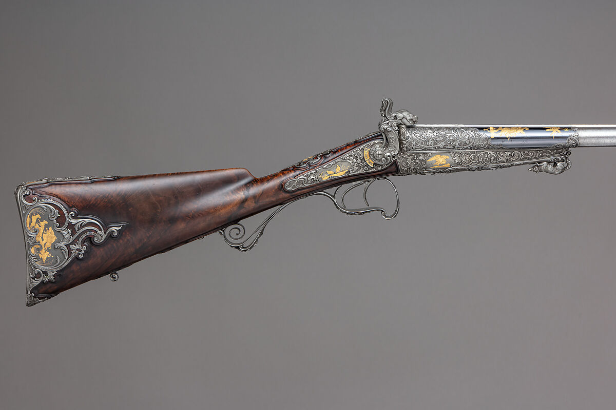 Double-Barrel Breech-Loading Pinfire Shotgun, J. C. A. Brun (French, Paris, active 1849–72), Steel, wood (walnut), gold, French, Paris