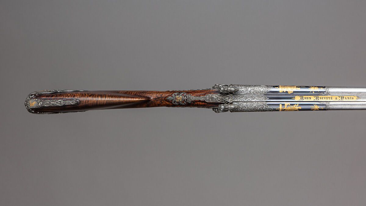 Double-Barrel Breech-Loading Pinfire Shotgun, J. C. A. Brun (French, Paris, active 1849–72), Steel, wood (walnut), gold, French, Paris
