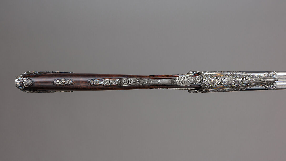 Double-Barrel Breech-Loading Pinfire Shotgun, J. C. A. Brun (French, Paris, active 1849–72), Steel, wood (walnut), gold, French, Paris