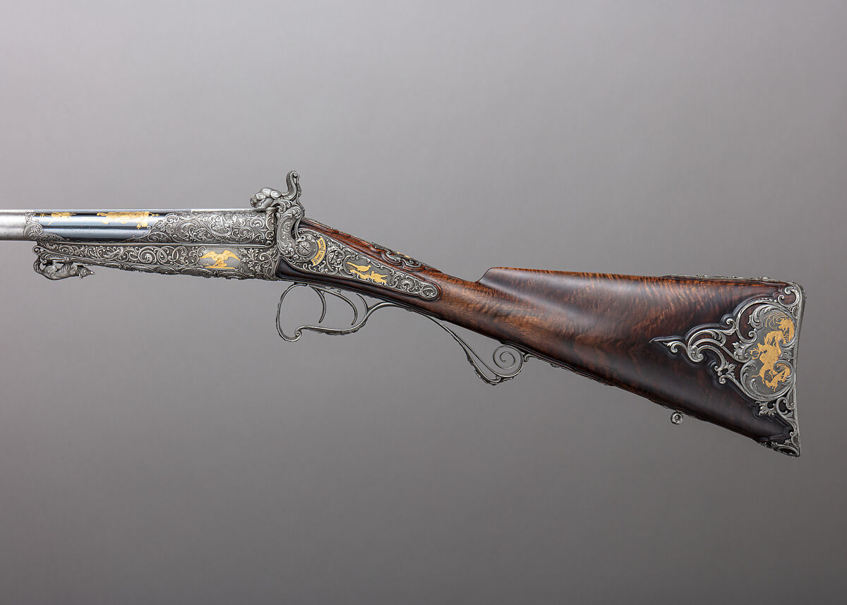 Double-Barrel Breech-Loading Pinfire Shotgun, J. C. A. Brun (French, Paris, active 1849–72), Steel, wood (walnut), gold, French, Paris