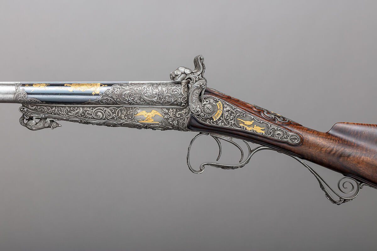 Double-Barrel Breech-Loading Pinfire Shotgun, J. C. A. Brun (French, Paris, active 1849–72), Steel, wood (walnut), gold, French, Paris