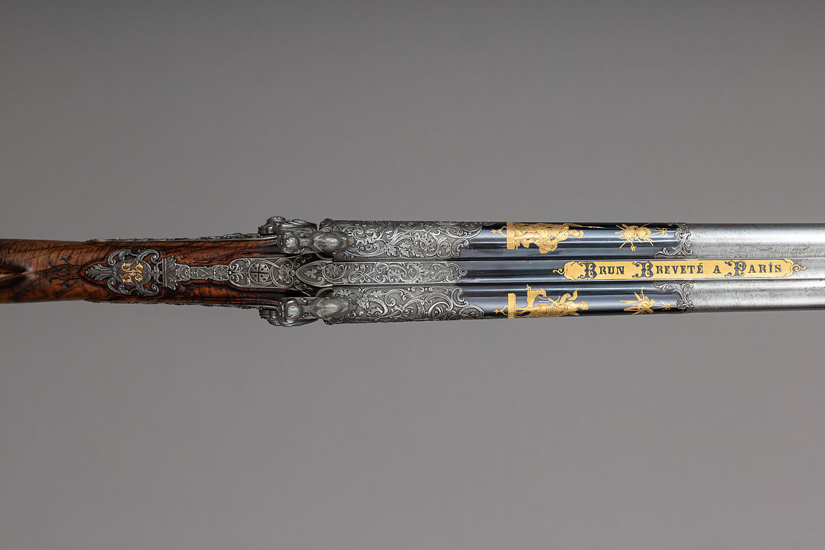 Double-Barrel Breech-Loading Pinfire Shotgun, J. C. A. Brun (French, Paris, active 1849–72), Steel, wood (walnut), gold, French, Paris