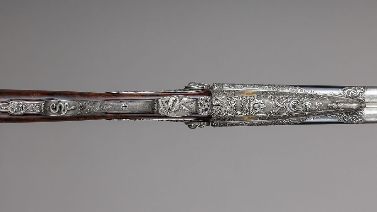 Double-Barrel Breech-Loading Pinfire Shotgun, J. C. A. Brun (French, Paris, active 1849–72), Steel, wood (walnut), gold, French, Paris