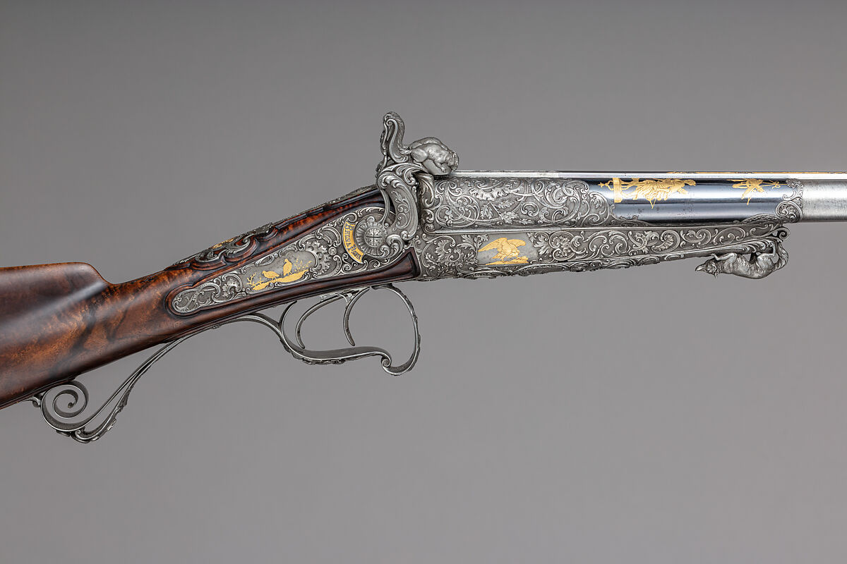 Double-Barrel Breech-Loading Pinfire Shotgun, J. C. A. Brun (French, Paris, active 1849–72), Steel, wood (walnut), gold, French, Paris