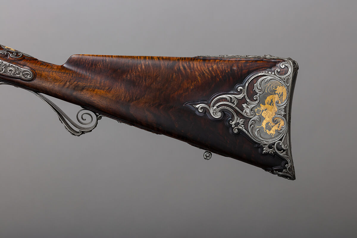 Double-Barrel Breech-Loading Pinfire Shotgun, J. C. A. Brun (French, Paris, active 1849–72), Steel, wood (walnut), gold, French, Paris