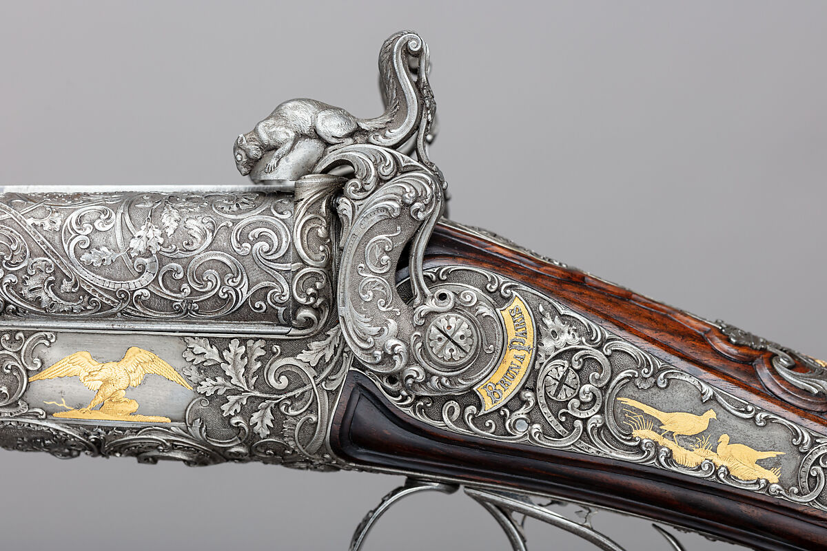 Double-Barrel Breech-Loading Pinfire Shotgun, J. C. A. Brun (French, Paris, active 1849–72), Steel, wood (walnut), gold, French, Paris